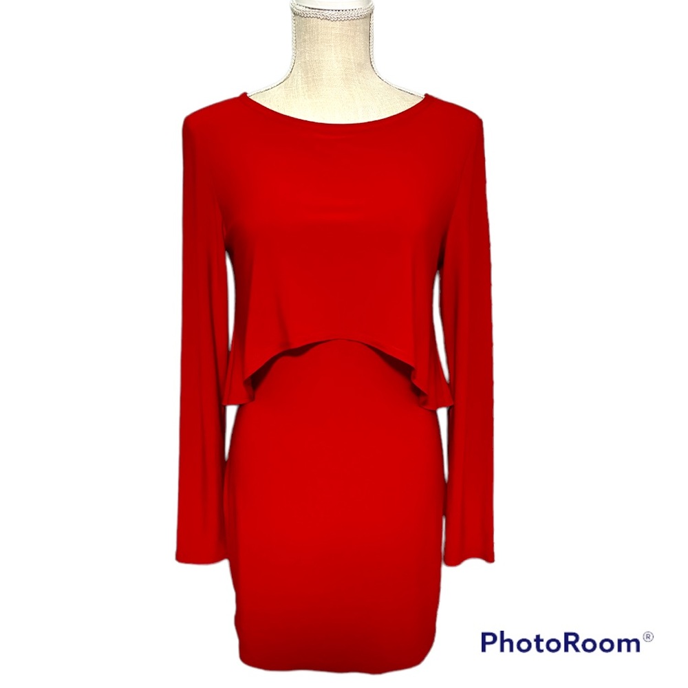 Joseph Ribkoff red fitted long sleeves waterfall silky evening dress